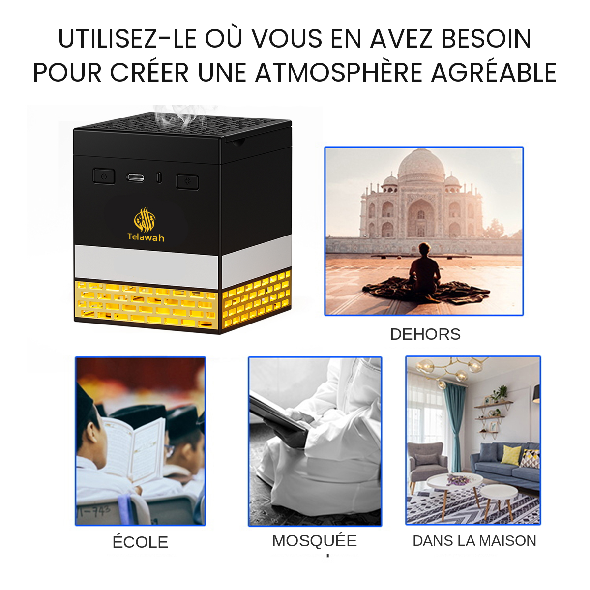 Brûleur d'encens Oud rechargeable à plusieurs LED (design islamique)